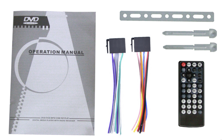cables accessories instruction book and Remote control of In-Dash DVD Player (No Screen)